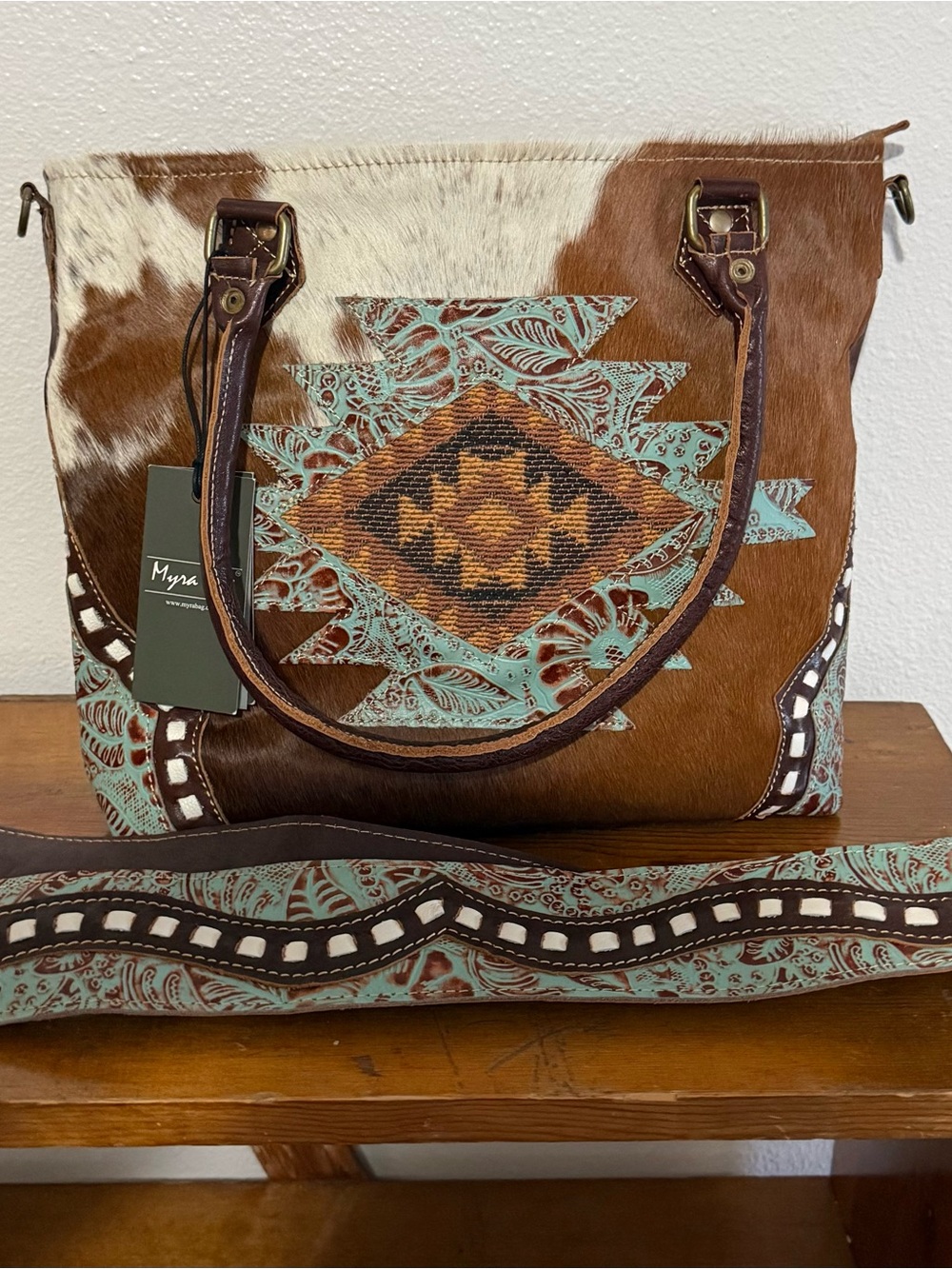Myra Bag Brown, White & Turquoise Southwest Cowhide Tote